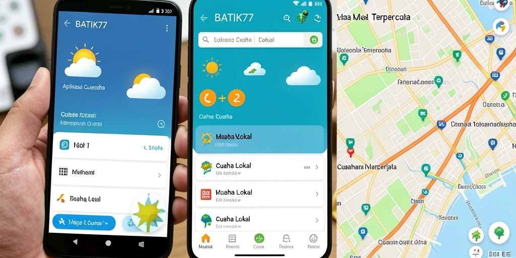 Antarmuka aplikasi BATIK77 menampilkan informasi cuaca terkini dan prediksi harian.