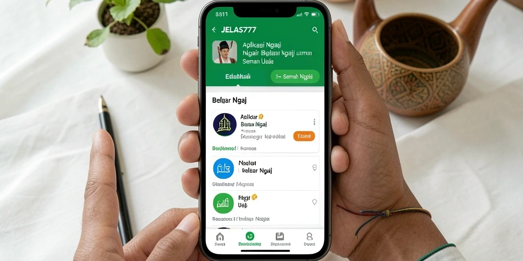 Antarmuka aplikasi JELAS777 dengan fitur belajar Ngaji.
